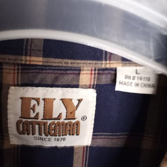 ELY Cattleman Men's Navy/Tan Pearl Snap Button Dow Long Sleeve Cowboy Shirt Sz L - Picture 7 of 7
